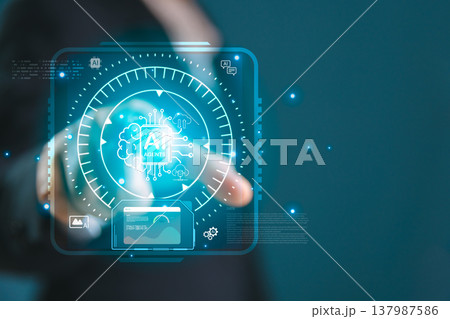 Finger touching a futuristic AI agents dashboard with chip, radar and analytics display, representing intelligent automation, data monitoring, smart systems, machine learning and control. Finger touching a futuristic AI agents dashboard with chip, radar and analytics display, representing intelligent automation, data monitoring, smart systems, machine learning and control. 137987586