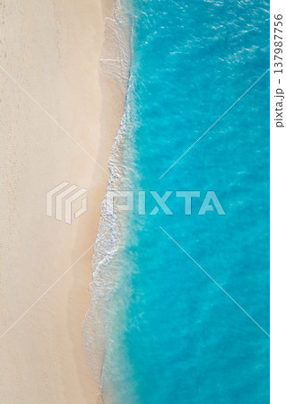 Majestic aerial tropical beach with gentle ocean waves and golden sandy shoreline, radiant summer sunlight, serene paradise island travel destination background 137987756