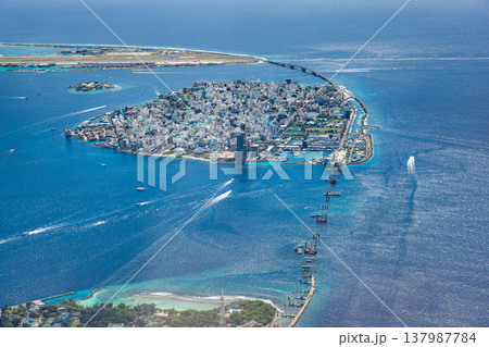 Aerial view of Male Maldives cityscape with turquoise ocean, boats, and iconic landmarks, famous tropical destination, scenic luxury travel background 137987784