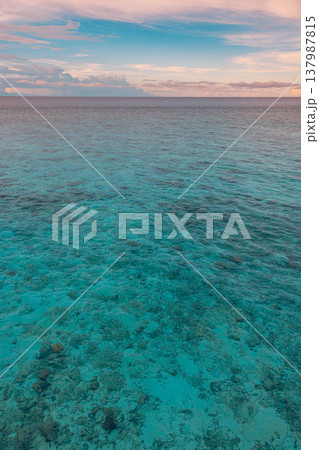 Vibrant tropical ocean sunrise panorama, glowing sky with fluffy clouds, peaceful calm water reflections, dreamy inspirational nature scene, serene summer wallpaper Vibrant tropical ocean sunrise panorama, glowing sky with fluffy clouds, peaceful calm water reflections, dreamy inspirational nature scene, serene summer wallpaper 137987815