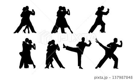 Black Solid Dramatic Tango Silhouettes Set of Six on White Background 137987848