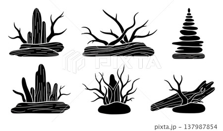 Set of Six Black Solid Driftwood Art and Sculpture Silhouettes 137987854