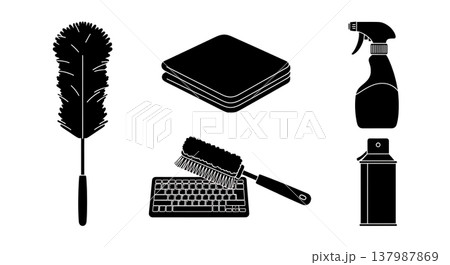 Black Solid Home Dusting Tools Silhouettes Set of Six on White Background 137987869