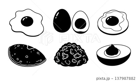 Black Solid Egg Preparations Silhouettes Set of Six on White Background Black Solid Egg Preparations Silhouettes Set of Six on White Background 137987882