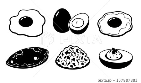 Black Solid Egg Preparations Silhouettes Set of Six on White Background 137987883