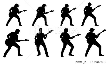 Black Solid Bassist Silhouettes Set of Six on White Background 137987899