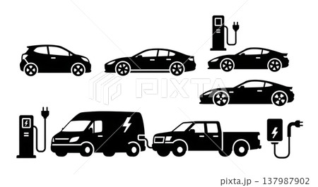 Black Solid Modern Electric Cars and Charging Stations Silhouettes Set of Six on White Background Black Solid Modern Electric Cars and Charging Stations Silhouettes Set of Six on White Background 137987902
