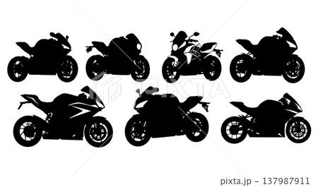 Black Solid Modern Electric Motorcycles and Superbikes Silhouettes Set of Six on White Background Black Solid Modern Electric Motorcycles and Superbikes Silhouettes Set of Six on White Background 137987911