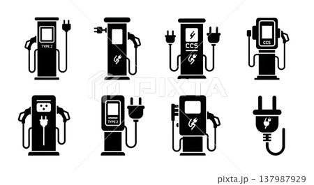 Black Solid EV Charging Station Silhouettes Set of Six on White Background 137987929
