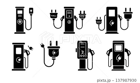 Black Solid EV Charging Station Silhouettes Set of Six on White Background 137987930