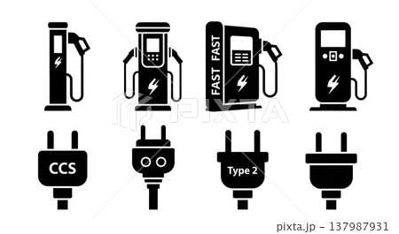 Black Solid EV Charging Station Silhouettes Set of Six on White Background 137987931