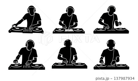 Black Solid DJ Silhouettes Set of Six on White Background 137987934