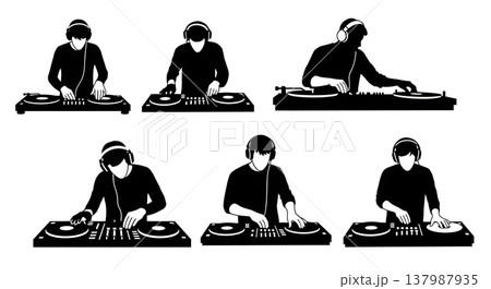 Black Solid DJ Silhouettes Set of Six on White Background Black Solid DJ Silhouettes Set of Six on White Background 137987935