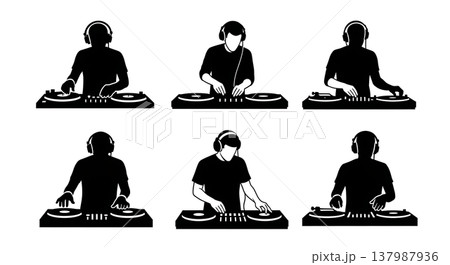 Black Solid DJ Silhouettes Set of Six on White Background 137987936