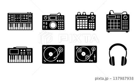 Black Solid Electronic Music Instruments Silhouettes Set of Six on White Background Black Solid Electronic Music Instruments Silhouettes Set of Six on White Background 137987938