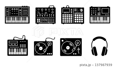 Black Solid Electronic Music Instruments Silhouettes Set of Six on White Background Black Solid Electronic Music Instruments Silhouettes Set of Six on White Background 137987939