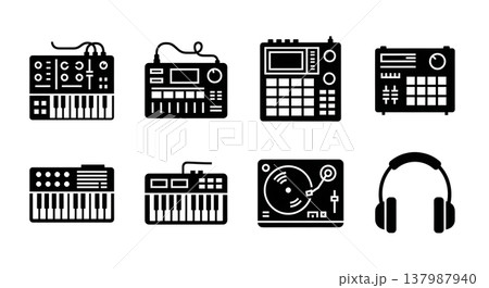 Black Solid Electronic Music Instruments Silhouettes Set of Six on White Background Black Solid Electronic Music Instruments Silhouettes Set of Six on White Background 137987940