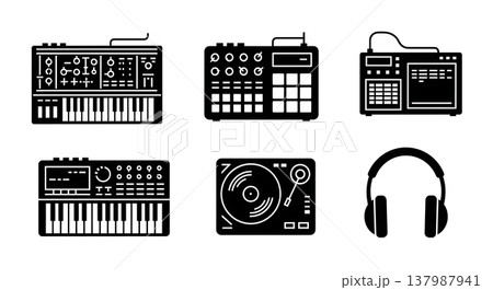 Black Solid Electronic Music Instruments Silhouettes Set of Six on White Background 137987941
