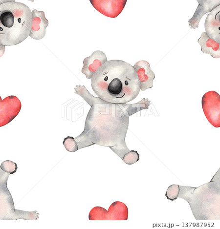 Hand-painted watercolor seamless pattern with funny koala and red heart isolated on white. Cute, playful design perfect for kids products, nursery decor, textiles, packaging, stationery, branding Hand-painted watercolor seamless pattern with funny koala and red heart isolated on white. Cute, playful design perfect for kids products, nursery decor, textiles, packaging, stationery, branding 137987952