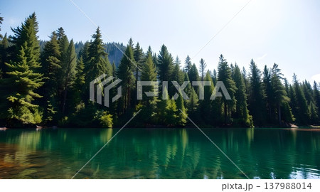 Pristine alpine lake with emerald green water and pine forest reflection Pristine alpine lake with emerald green water and pine forest reflection 137988014