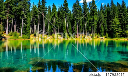 Pristine alpine lake with emerald green water and pine forest reflection 137988015