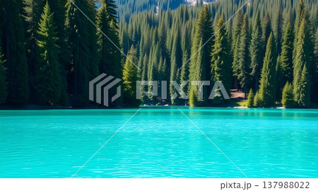 Pristine alpine lake with emerald green water and pine forest reflection 137988022