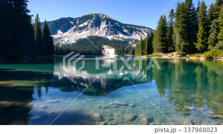 Pristine alpine lake with emerald green water and pine forest reflection 137988023