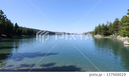 Pristine alpine lake with emerald green water and pine forest reflection 137988029