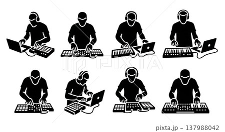 Black Solid Music Producer Silhouettes Set of Six on White Background 137988042