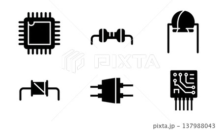 Black Solid Electronics Components Silhouettes Set of Six on White Background 137988043