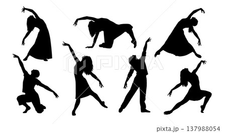 Black Solid Emotive Dancer Silhouettes Set of Six on White Background 137988054