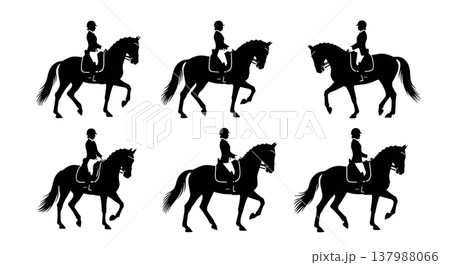 Black Solid Equestrian Dressage Silhouettes Set of Six on White Background 137988066