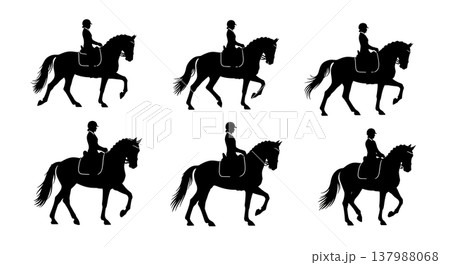 Black Solid Equestrian Dressage Silhouettes Set of Six on White Background 137988068