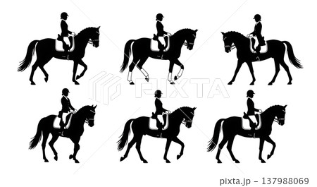 Black Solid Equestrian Dressage Silhouettes Set of Six on White Background Black Solid Equestrian Dressage Silhouettes Set of Six on White Background 137988069