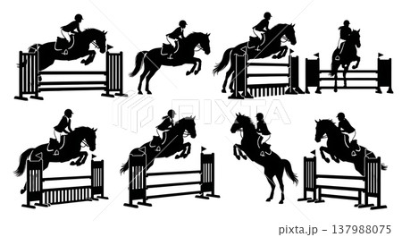 Black Solid Equestrian Showjumping Silhouettes Set of Six on White Background 137988075