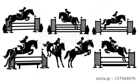Black Solid Equestrian Showjumping Silhouettes Set of Six on White Background 137988076
