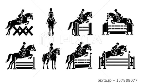 Black Solid Equestrian Showjumping Silhouettes Set of Six on White Background 137988077