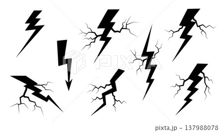 Black Solid Erratic Lightning Silhouettes Set of Six on White Background 137988078