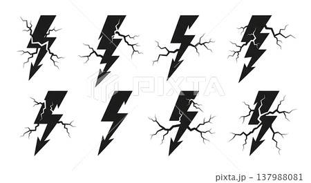 Black Solid Erratic Lightning Silhouettes Set of Six on White Background 137988081