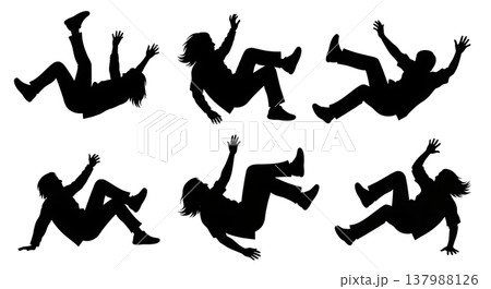 Black Solid Falling People Silhouettes Set of Six on White Background Black Solid Falling People Silhouettes Set of Six on White Background 137988126