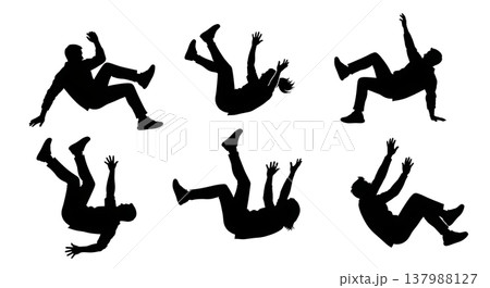 Black Solid Falling People Silhouettes Set of Six on White Background Black Solid Falling People Silhouettes Set of Six on White Background 137988127