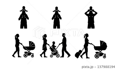 Black Solid Family Vacation Silhouettes Set of Six on White Background Black Solid Family Vacation Silhouettes Set of Six on White Background 137988194