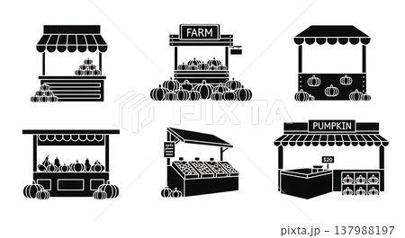 Black Solid Farm Stand and Market Stall Silhouette Icons Black Solid Farm Stand and Market Stall Silhouette Icons 137988197