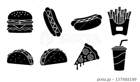 Black Solid Fast Food Silhouettes Set of Six on White Background Black Solid Fast Food Silhouettes Set of Six on White Background 137988199