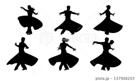 Black Solid Salsa Spin Silhouettes Set of Six on White Background Black Solid Salsa Spin Silhouettes Set of Six on White Background 137988203