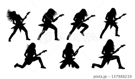 Black Solid Female Guitarist Silhouettes Set of Six on White Background 137988219