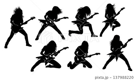 Black Solid Female Guitarist Silhouettes Set of Six on White Background Black Solid Female Guitarist Silhouettes Set of Six on White Background 137988220