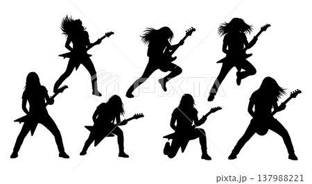 Black Solid Female Guitarist Silhouettes Set of Six on White Background Black Solid Female Guitarist Silhouettes Set of Six on White Background 137988221