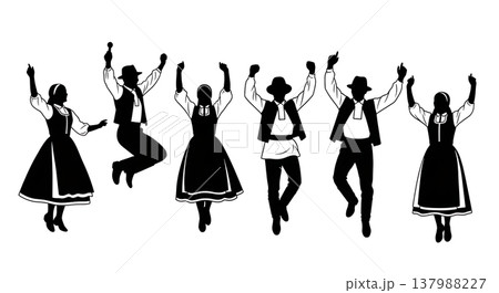Black Solid Festive Folk Silhouettes Set of Six on White Background 137988227