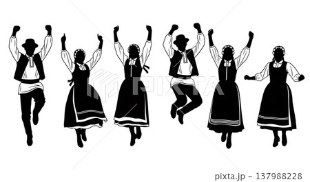 Black Solid Festive Folk Silhouettes Set of Six on White Background 137988228